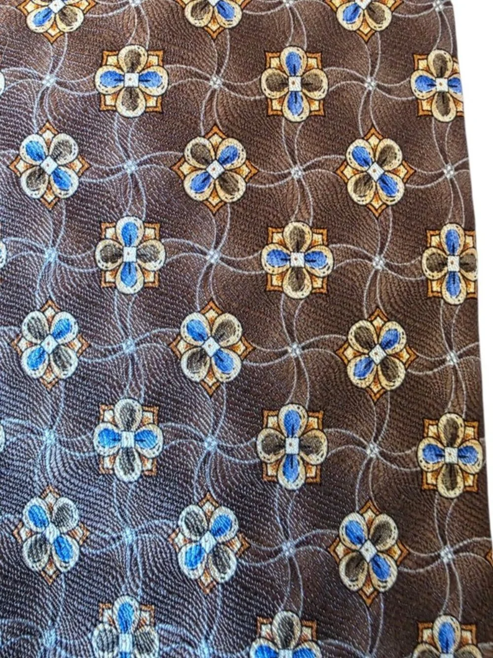 Meeting Street Vintage Silk Tie Brown Blue Gold Floral Medallion Woven Necktie